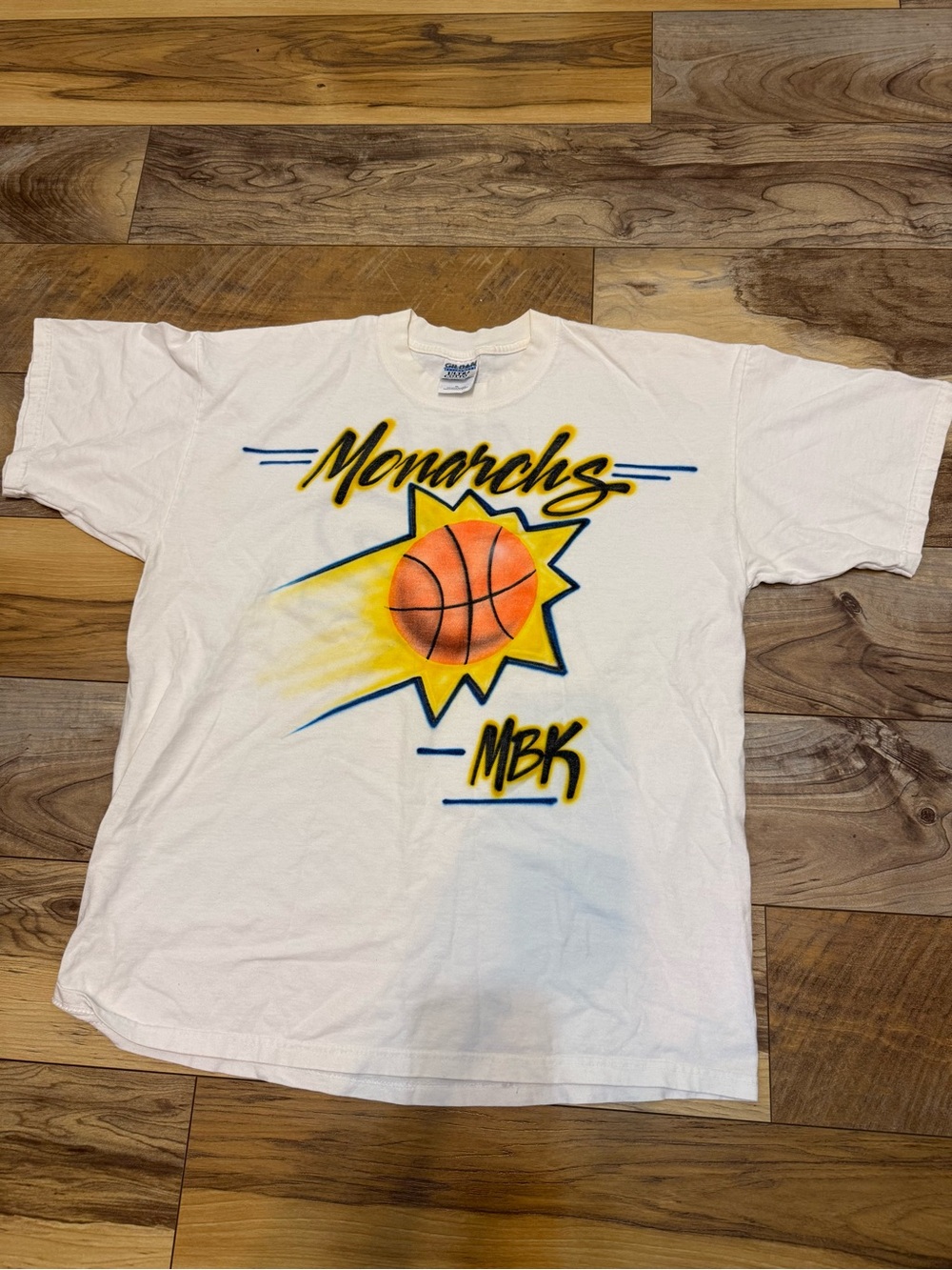 Gildan White T‑Shirt with Orange Basketball and Yellow Star Graphic